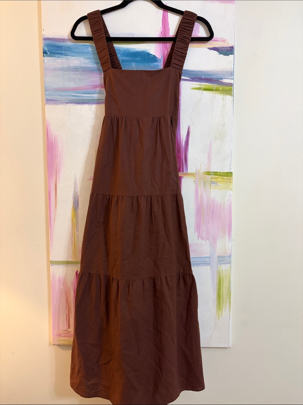 Crescent Brown Tiered Maxi Dress with Ruched Straps